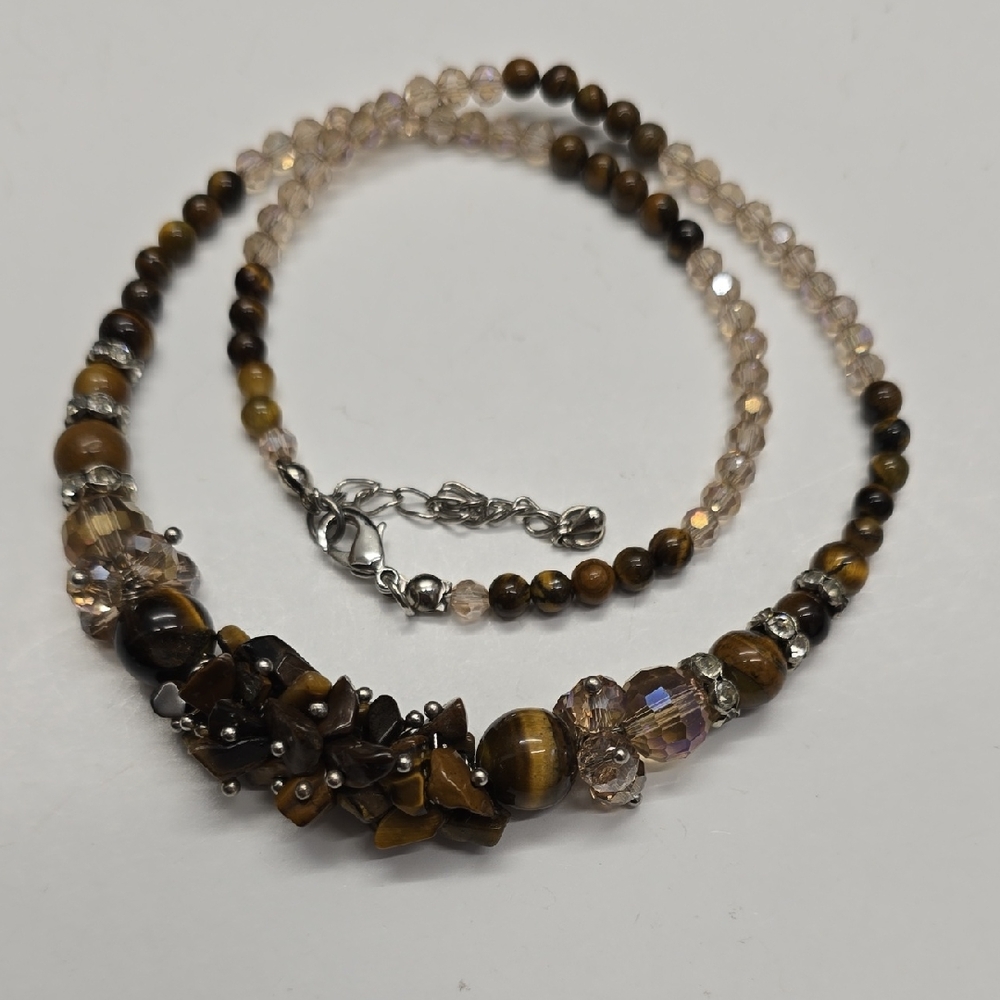 Handmade Tiger's Eye And Crystal Neckace